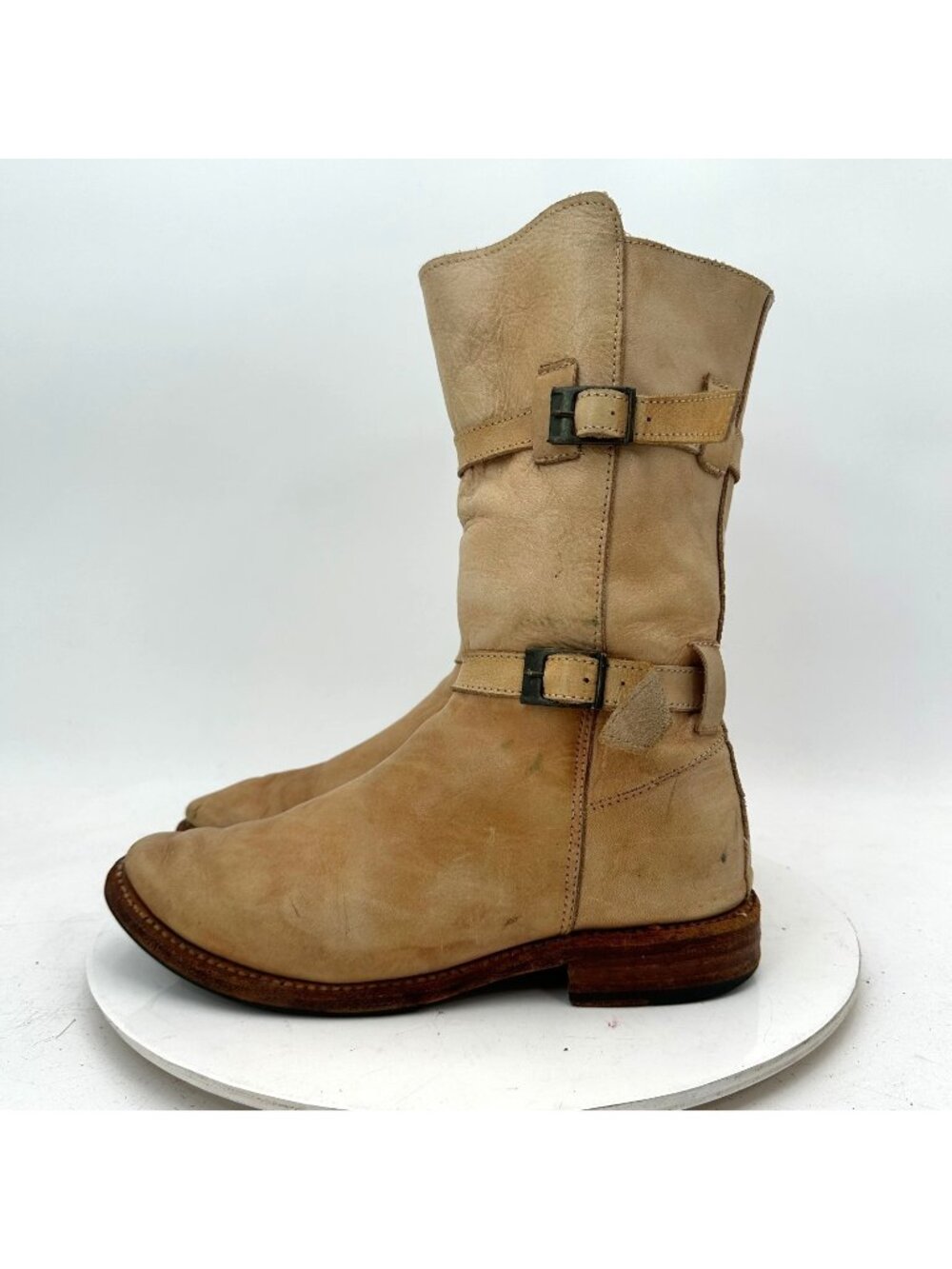 Bed Stu Cobbler Series Women Size 6.5 Tan Leather Rustic Mid Calf Buckle Boot